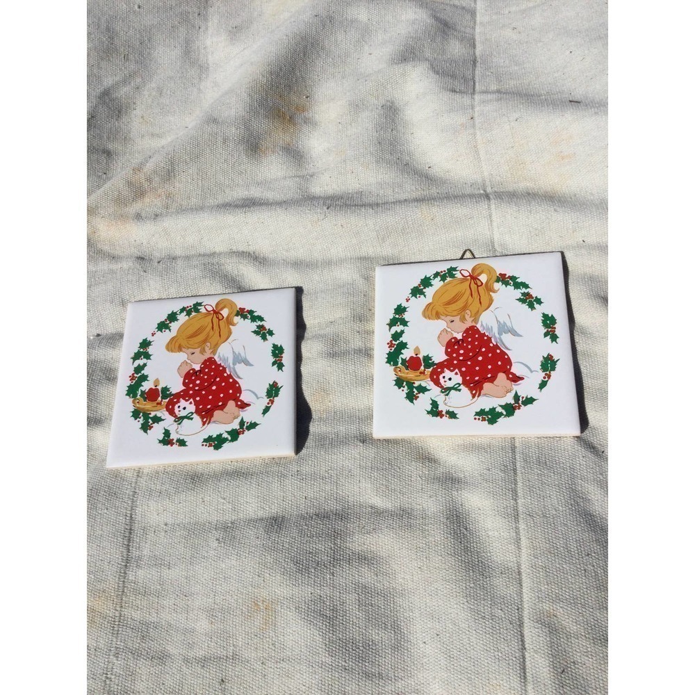 Vintage Nasco set of 2 coasters girl praying Christmas wall decor cat angel 1981